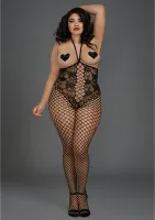 dreamgirl bodystocking plus size z kwiatową koronką i otwartą gorą