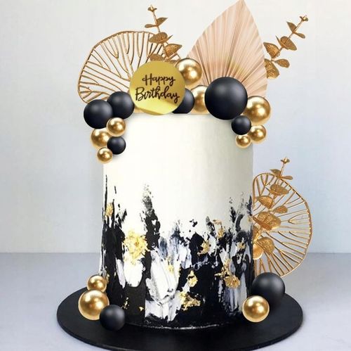 DEKORACJA TOPPER NA TORT ZŁOTE CZARNE KULE MIX NA PIKU WACHLARZE LIŚCIE na Arena.pl