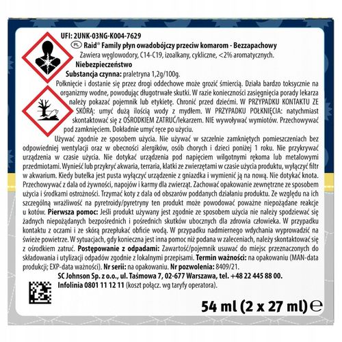 PŁYN NA KOMARY DO ELEKTROFUMIGATORA OWADOBÓJCZY RAID BEZZAPACHOWY 90 na Arena.pl