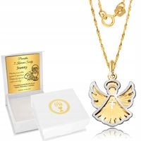 Złoty Medalik 585 Łańcuszek z Medalikiem Aniołek Komunia Chrzest Grawer