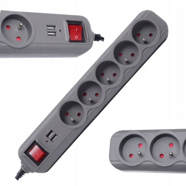 Przedłużacz 1,5m listwa 2xUSB + 5x230V + włącznik zdjęcie 1