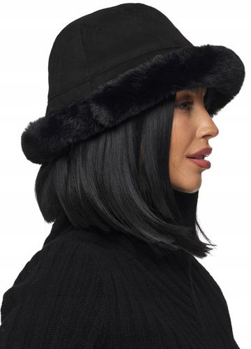 CZAPKA DAMSKA zimowa ciepła z futrem futrzana eko zamsz bucket czarna na Arena.pl