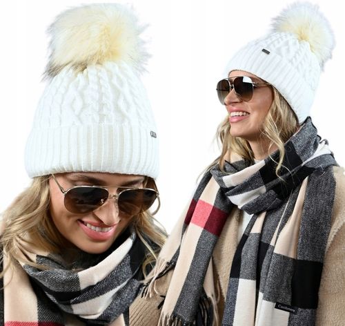 Czapka Damska Z Pomponem Zimowa kremowa Ciepła czapka z polarem PL - ECRU na Arena.pl