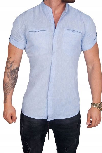 Koszula lniana kołnierzyk błękitna BG-1 rozm. 3XL zdjęcie 2