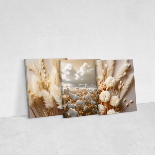 Obrazy Na Płótnie Set Kwiaty Bawełna Trawy Natura Boho Rośliny 90cm x 40cm na Arena.pl