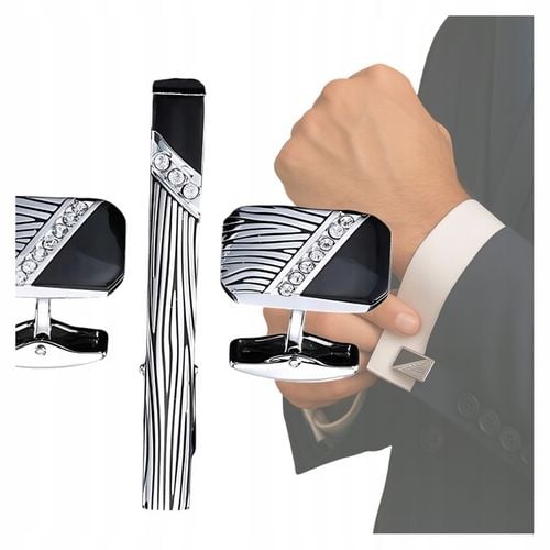 ZESTAW SPINKI DO MANKIETOW I KRAWATA SREBRNO CZARNE ELEGANCKI DLA MEZCZYZNY na Arena.pl