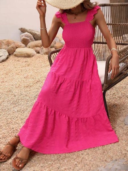 LETNIA SUKIENKA LUŹNA CODZIENNA MAXI RÓŻOWA MARSZCZENIA KOBIECA NA PLAŻĘ zdjęcie 2