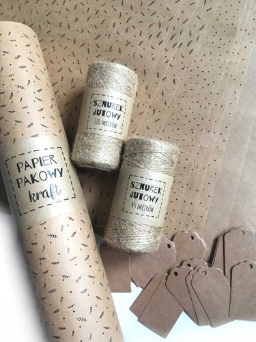 ZESTAW DO PAKOWANIA EKO papier pakowy sznurek juta tagi wzór listki kropki na Arena.pl