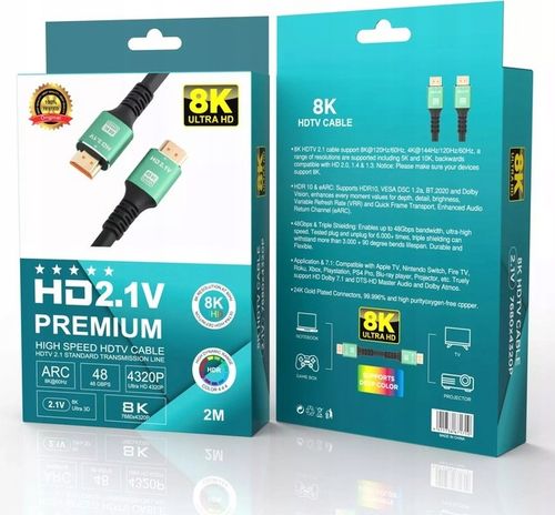 Kabel HDMI - HDMI 2.1 V PREMIUM 8K 4K 144Hz Mocny Przewód Projektor 2m na Arena.pl