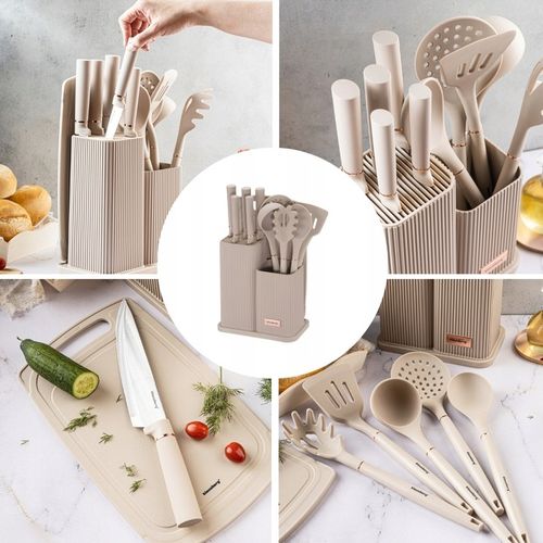 Komplet 5 Noży + Zestaw 5 przyborów kuchennych + deska do krojenia + Stojak na Arena.pl