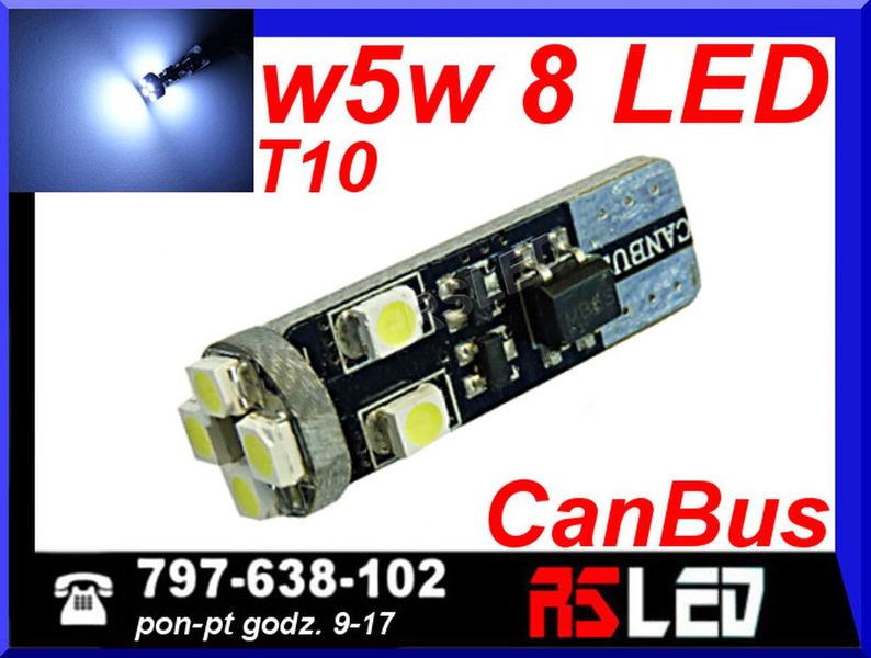 żarówka LED T10 8 Premium SMD LED w5w biała zimna 12v canbus zdjęcie 1