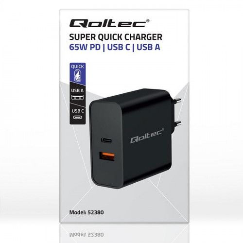 SZYBKA ŁADOWARKA QOLTEC 65W USB C USB A CZARNA DO LAPTOPA SMARTFONA na Arena.pl