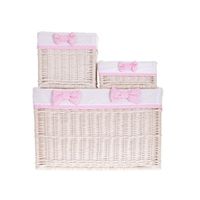 Zestaw 3 koszy wybielanych obszytych białą tkaniną z różową kokardą S 30x30 H15 M 30x30 H30 L 60x40 H40