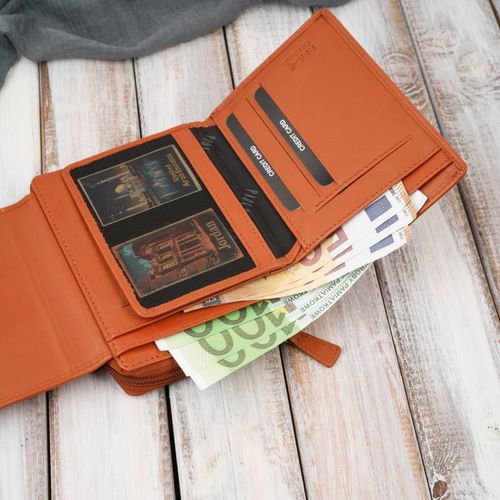 portfel damski skórzany pomarańczowy duży w orientacji poziomej na Arena.pl