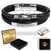 Bransoletka Męska Czarna ze Skóry Srebrna GRAWER Prezent Dla Męża