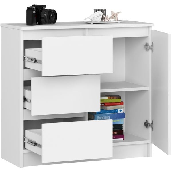 Komoda 80 cm JERRY nowoczesna 1 drzwi 3 szuflady - biała zdjęcie 2