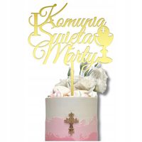 TOPPER NA TORT BOK TORTU PIERWSZA KOMUNIA ŚWIĘTA + IMIĘ NAPIS ZŁOTE LUSTRO