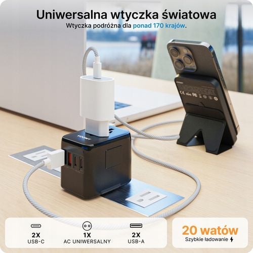 Wtyczka światowa VOOMY - 170+ krajów, 20W, 2 USB-C & 2 USB-A, Czarna na Arena.pl