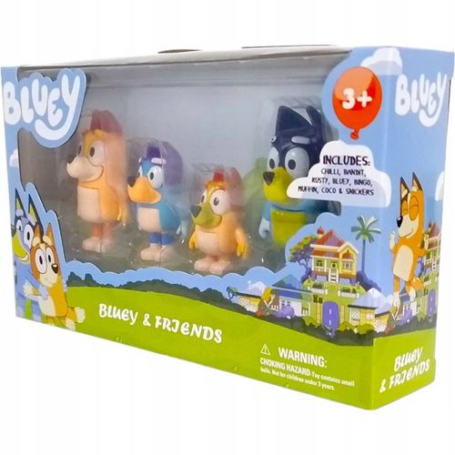 BLUEY ZESTAW 4 FIGUREK RODZINKA FIGURKI BINGO CHILI BANDIT MAMA PREZENT 8CM na Arena.pl