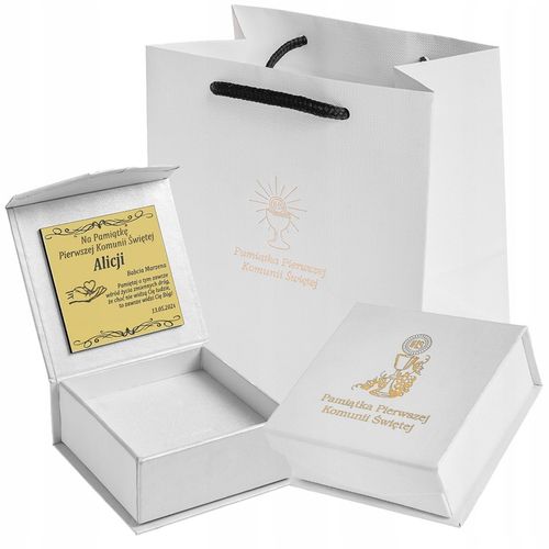 PAMIĄTKA KOMUNII ŚWIĘTEJ / PUDEŁKO NA KOMUNIĘ + TOREBKA + GRAWER DEDYKACJA na Arena.pl