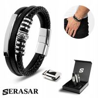 SERASAR, Męska Skórzana Bransoletka [Shine] Srebrna, 23cm