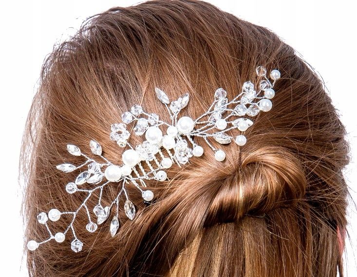Do Włosów Srebrny Grzebyk Ozdoba Perełki Kryształy zdjęcie 7