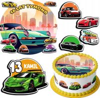 ZESTAW OPŁATEK NA TORT 20CM + 17 POSTACI - SAMOCHODY + IMIĘ 15CM 18CM