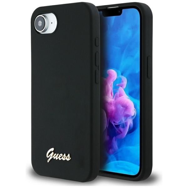 Etui Guess Silicone Script Metal Logo MagSafe do iPhone 16e czarny zdjęcie 1