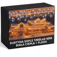 Kurtyna świąteczna 1000LED 40m sopelki BIAŁA CIEPŁA + FLASH
