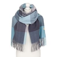 dwustronny, niebieski szal damski z poliestru ozdobiony frędzlami - rovicky