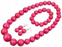 Komplet korale drewniane ludowe różowe naszyjnik bransoletka kolczyki