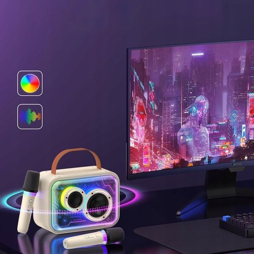 MASZYNA GŁOŚNIK KARAOKE Z 2 MIKROFONY BEZPRZEWODOWE BLUETOOTH LED KOLOROWA na Arena.pl