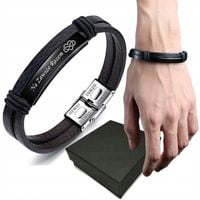 Męska Skórzana Czarna Bransoletka Grawer Prezent