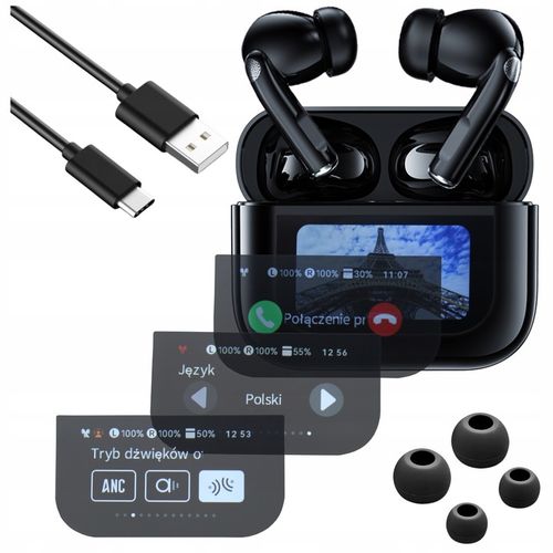 Słuchawki Bezprzewodowe Douszne PRO Lekkie ANC Mikrofon Czarne Wyświetlacz na Arena.pl
