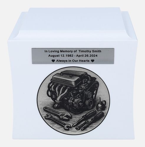 Urna kremacyjna dla mechanika, miłośnika samochodów Biały/Wzór1/Plakietka na Arena.pl