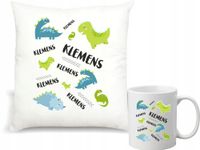 Zestaw PODUSZKA + KUBEK nadruk W DINOZAURY PREZENT DLA DZIECKA Z IMIENIEM