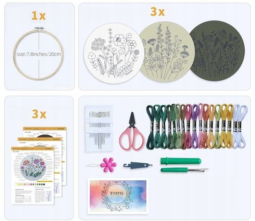 ZESTAW DO HAFTOWANIA 3 SZT HAFT DIY 16x IGŁA OBRĘCZ 20 CM WZORY VIDEO na Arena.pl