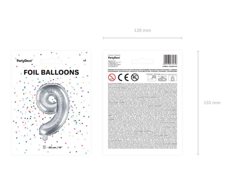 Balon foliowy cyfra 9 srebrny 35 cm zdjęcie 3