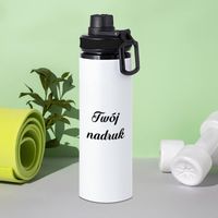 Biały bidon ze składaną rączką i ustnikiem z Twoim nadrukiem - czarna opaska