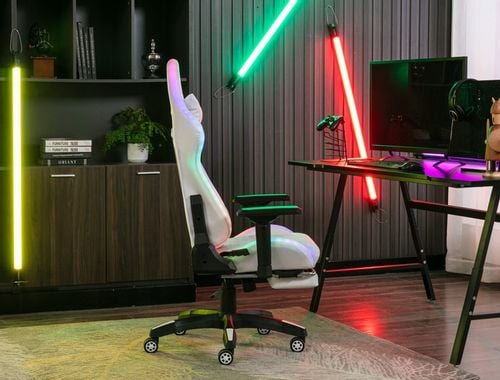 FOTEL GAMINGOWY BIUROWY WYGODNY KRZESŁO GRACZA OBROTOWY +RGB LED I PODNÓŻEK na Arena.pl