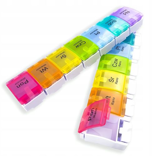 PUDEŁKO NA LEKI 14 POJEMNIKÓW KOLOROWE 7 DNI NAPISY PL na Arena.pl