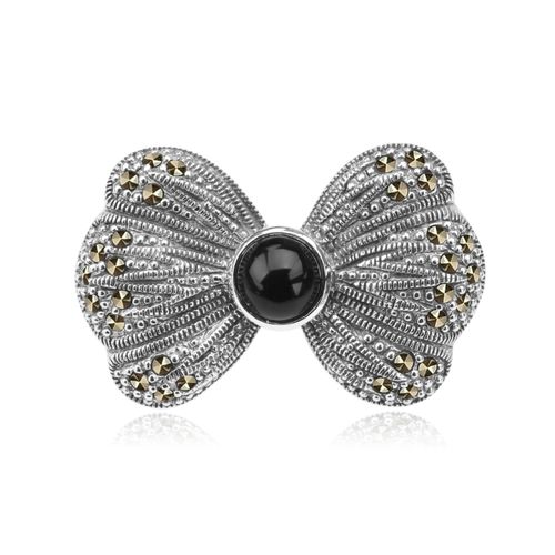 srebrna broszka kokarda z onyksem i markazytami na Arena.pl