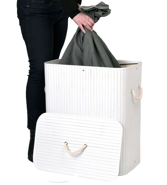 Kosz bambusowy pojemnik na pranie 2 komory biało-szary zdjęcie 8