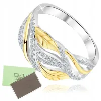 PIERSCIONEK SREBRNY RODOWANY LISTKI POKRYTY ZŁOTEM
