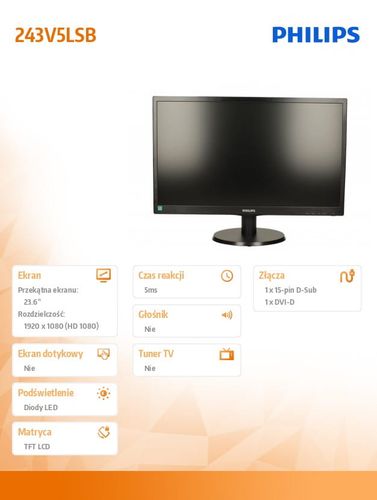 Philips 23.6'' 243V5LSB LED DVI Czarny na Arena.pl