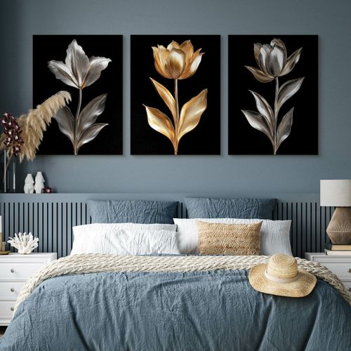 Obrazy Do Sypialni Set Złote Srebrne Kwiaty Natura Styl Glamour 90cm x 40cm na Arena.pl