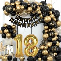 Zestaw dekoracji 18 urodziny czarno-złoty - girlanda balonowa cyfry baner