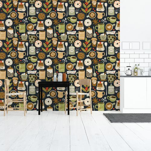 Tapeta Ścienna Ziarna Kawy LIŚCIE Filiżanki Napisy na Arena.pl