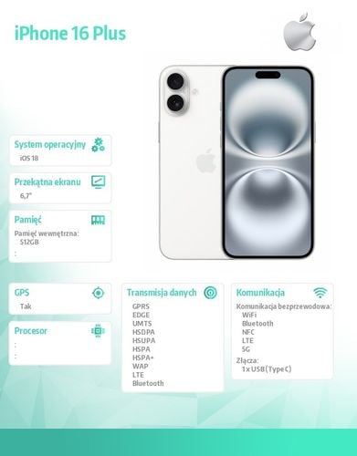 Smartfon APPLE iPhone 16 Plus 512 GB Biały MY1X3HX/A na Arena.pl
