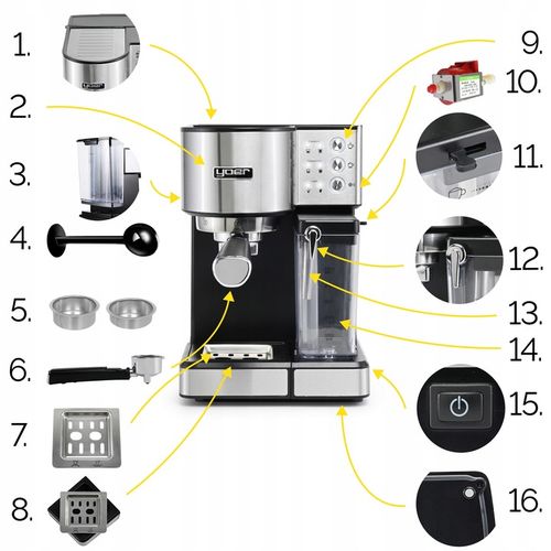 Ekspres do kawy Ciśnieniowy Automatyczny Yoer 20bar 1350W +Spieniacz Mleka na Arena.pl